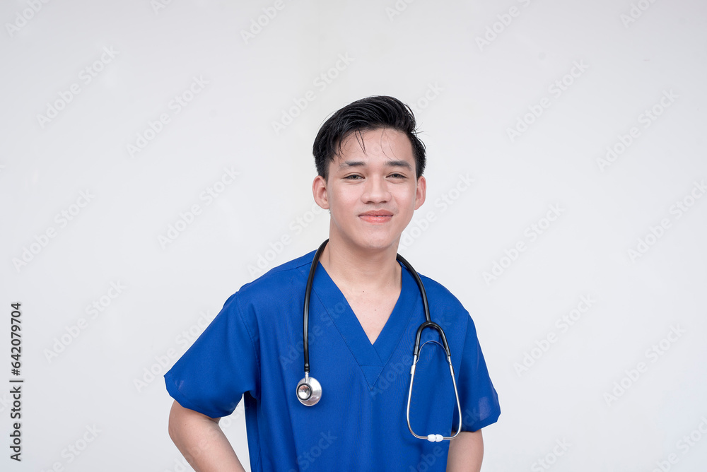 Portrait of a young and skilled medical student, nurse, intern posing while smiling at the camera. Isolated on a white background. Portrait of a young and skilled medical student, nurse, intern posing while smiling at the camera. Isolated on a white background.