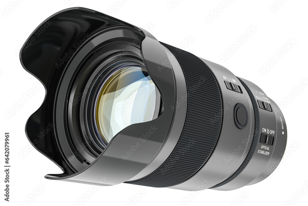 Telephoto zoom lens, photography camera lens. 3D rendering isolated on transparent background