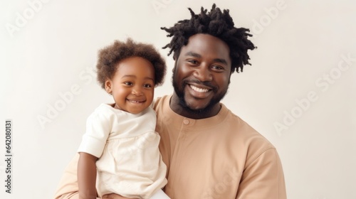 A joyous multicultural plus-size afro father holds his baby in a studio, radiating happiness. Generative AI © iuricazac