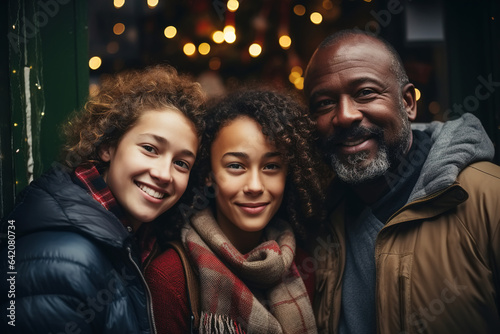 Portrait of interracial family, happy african american father and daughters together on festive christmas background outdoors © Sergio