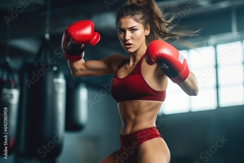 Active Female Boxer Exhibiting Her Impressive High Kick © AIproduction