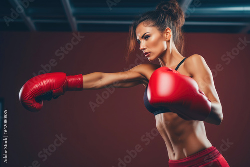 Focused Female Athlete Performing a High Kick in Red Gloves
