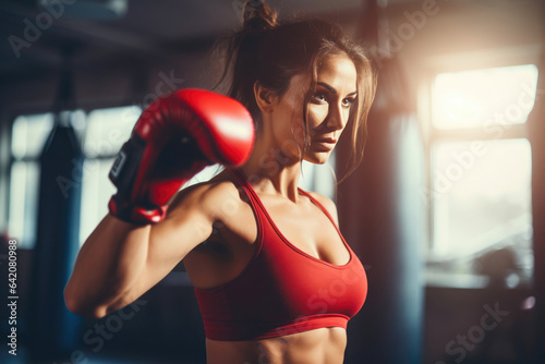 Fit Woman in Red Boxing Gloves Performing a High Kick