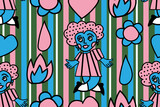 Blue zombie beauty girl, flowers, fire, water, heart. Cool cartoons. Colors. Trendy, stylish, fashionable, seamless vector pattern for design and decoration.