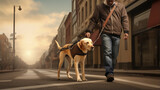 Generative AI, a blind man walks down a city street with a guide dog, a retriever in a harness, a dog and an owner, a beloved pet, a cute animal, a service for the disabled, a dog, a collar, a breed