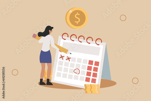 a character with a calendar and money, time to reach the goal, salary 