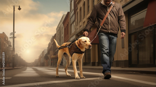 Generative AI, a blind man walks down a city street with a guide dog, a retriever in a harness, a dog and an owner, a beloved pet, a cute animal, a service for the disabled, a dog, a collar, a breed photo