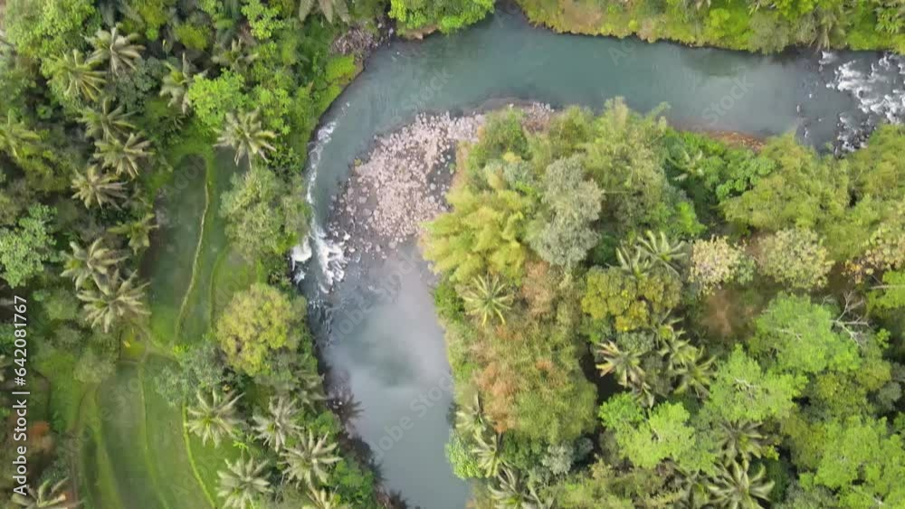 Aerial view of tranquil winding river, amid lush green landscape of Indonesia country. Rural landscape of Indonesia with view of plantation and dense of trees. aerial view - Elo River, Indonesia Aerial view of tranquil winding river, amid lush green landscape of Indonesia country. Rural landscape of Indonesia with view of plantation and dense of trees. aerial view - Elo River, Indonesia