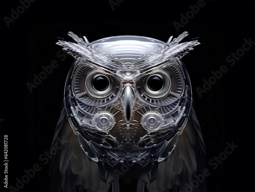 Mechanical owl with bionic head as wallpaper with sci-fi steam-punk bird on a black background, fantastic wildlife, holographic style of detailed hyper-realism photo