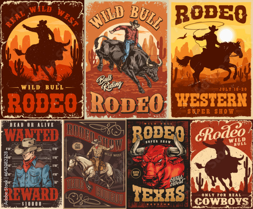 Western rodeo colorful set posters
