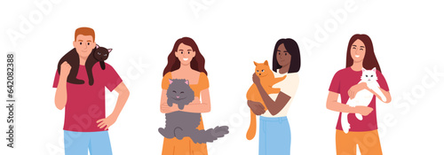 People hold cats in their arms. Vector illustration. Cat lovers