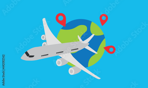 Around the world travelling by plane, airplane trip in various country, travel pin location on a global map.