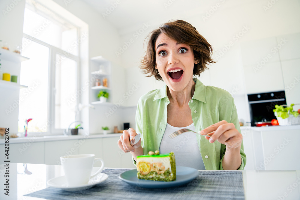 Photo of positive shocked girl wear green shirt cutting fresh piece of cake indoors kitchen room Photo of positive shocked girl wear green shirt cutting fresh piece of cake indoors kitchen room