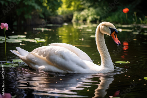 Beautiful white swan in a summer pond