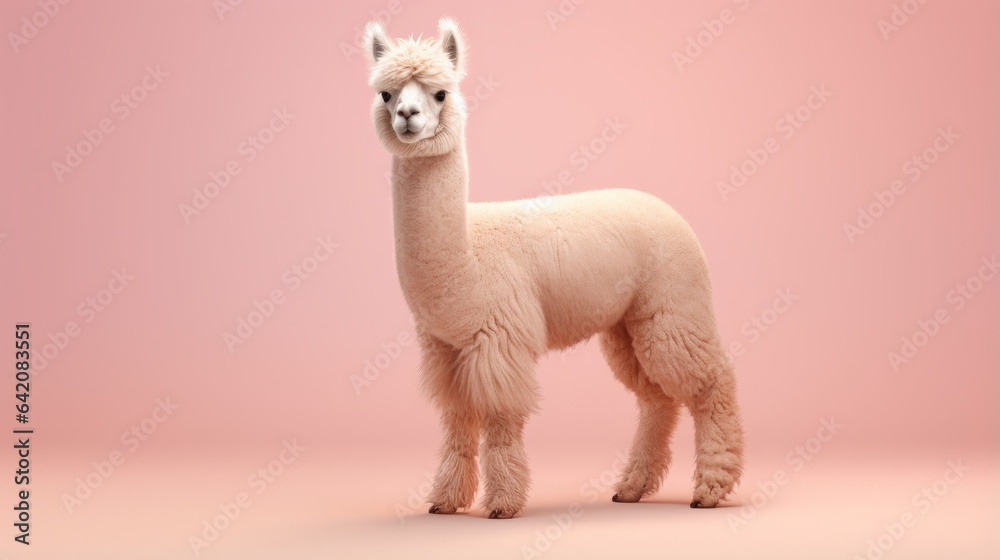 Fototapeta premium An adorable alpaca posing against a vibrant pink backdrop