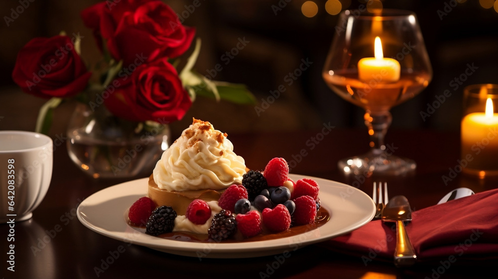 candlelit, romantic setting, dessert plate, red roses, gourmet dessert, intimate dinner, ambient lighting, whipped cream, ad, restaurant ad, poster, banner