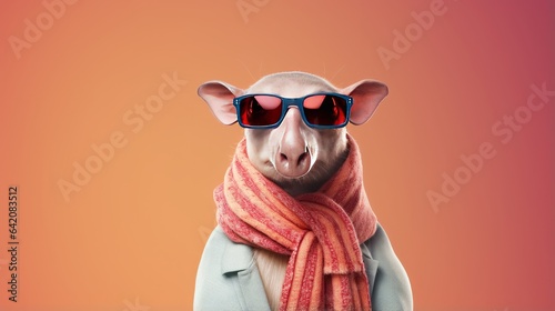 Aardvark stylishly accessorized with sunglasses and a scarf