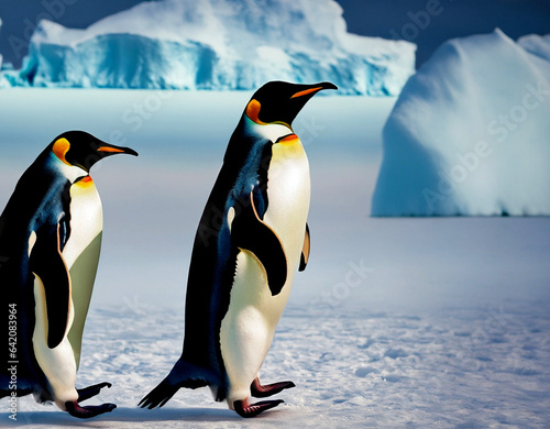 photo group of penguins walking on the frozen ocean