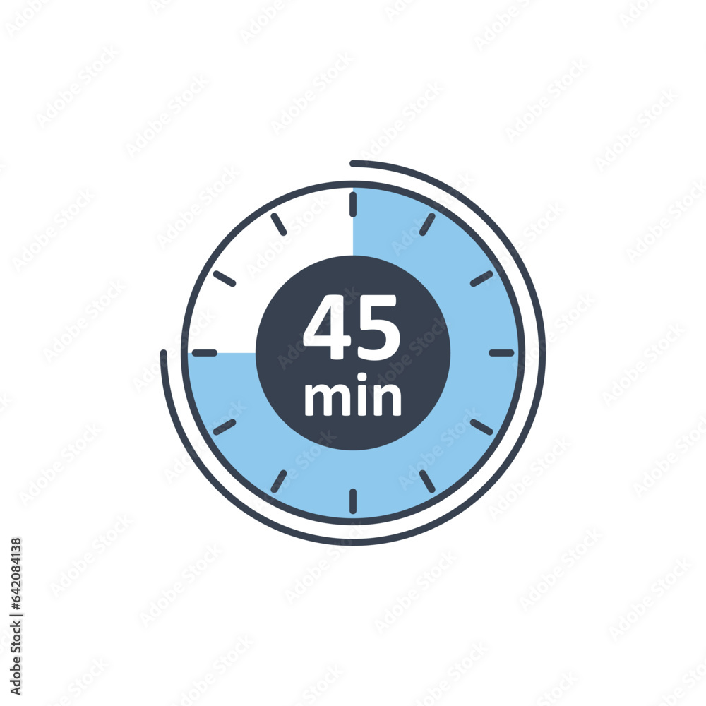 Clock icon vector illustration. Timer sign 45 min on isolated background. Countdown sign concept. Clock icon vector illustration. Timer sign 45 min on isolated background. Countdown sign concept.