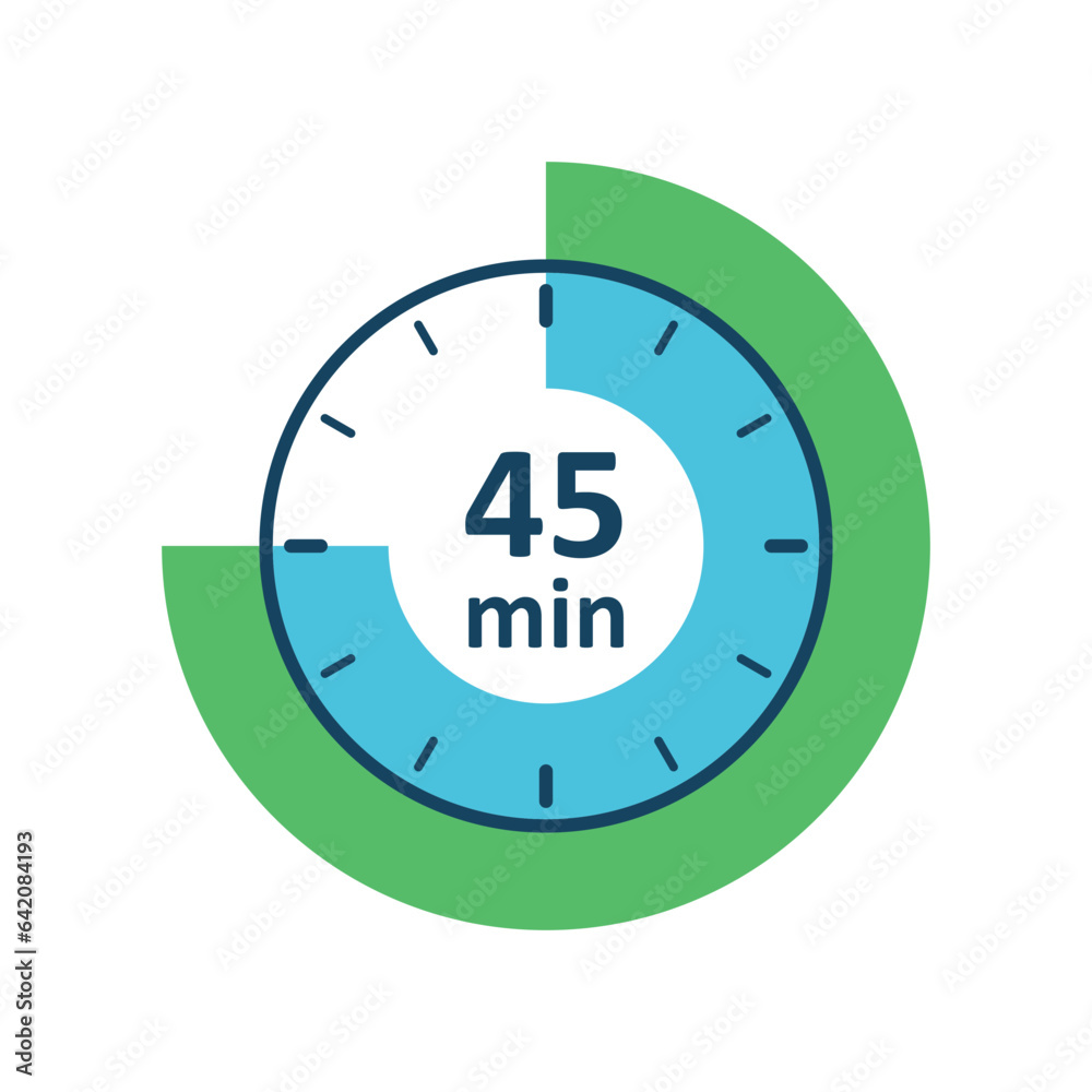 Clock icon vector illustration. Timer sign 45 min on isolated background. Countdown sign concept. Clock icon vector illustration. Timer sign 45 min on isolated background. Countdown sign concept.
