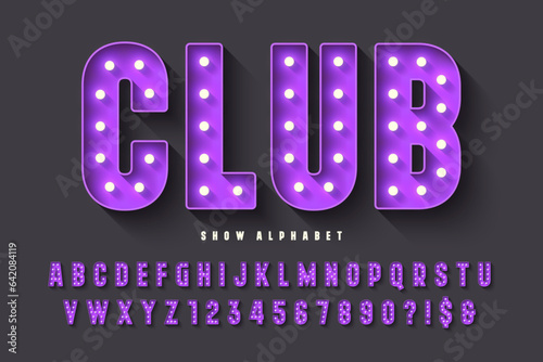 Retro cinema alphabet design, cabaret, LED lamps letters and numbers.