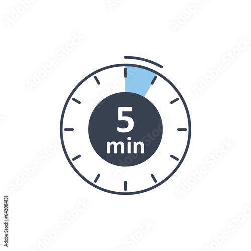 Clock icon vector illustration. Timer sign 5 min on isolated background. Countdown sign concept.