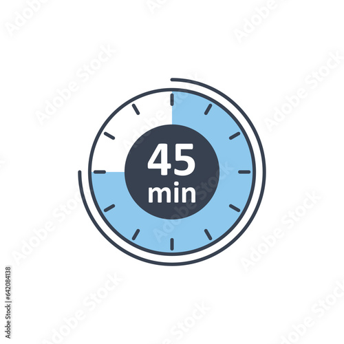Clock icon vector illustration. Timer sign 45 min on isolated background. Countdown sign concept.