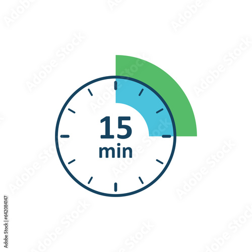 Clock icon vector illustration. Timer sign 15 min on isolated background. Countdown sign concept.