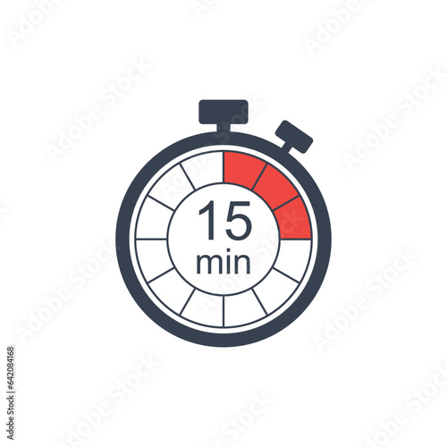 Clock icon vector illustration. Timer sign 15 min on isolated background. Countdown sign concept.