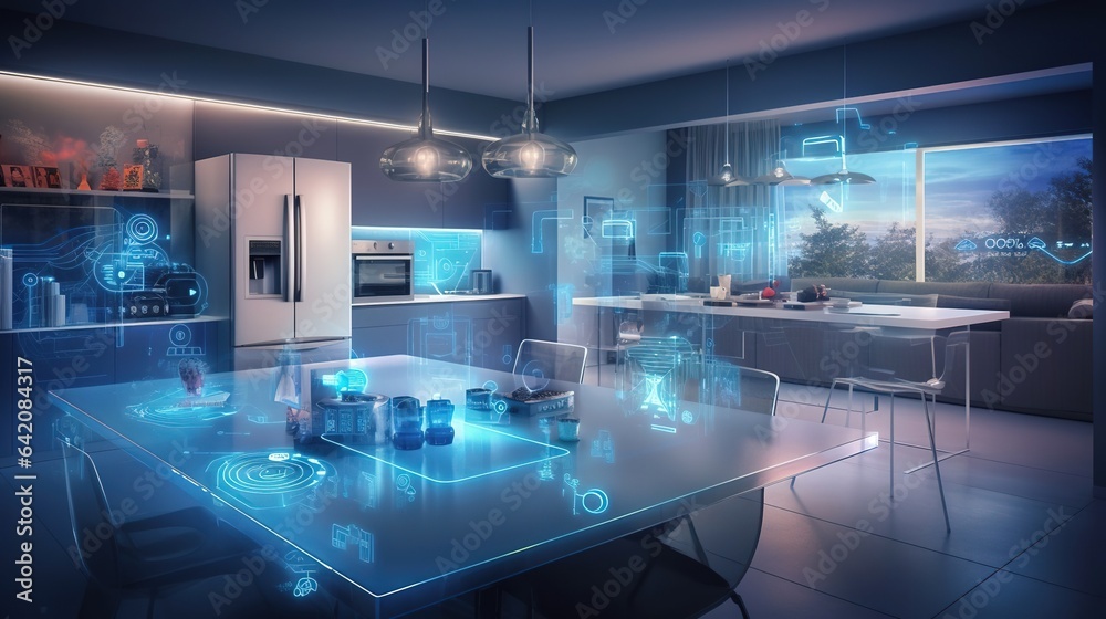Smart home interface with augmented reality, smart home interior design with options. Created with Generative Ai technology. Smart home interface with augmented reality, smart home interior design with options. Created with Generative Ai technology.