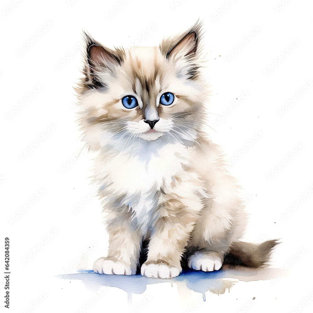 Beautiful ragdoll kitten with big blue eyes, isolated on white background. Digital watercolour illustration.