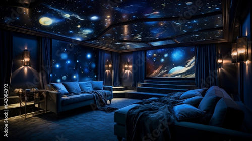 home cinema, surround sound, projector, theater seating, acoustic panels, cosmic lounge, space-themed room, galaxy design
