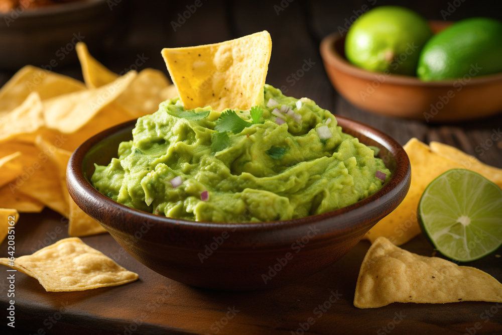 Bowl of Guacamole on rustic table Bowl of Guacamole on rustic table
