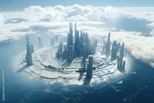 Landscape with big futuristic city, clouds and sky, fiction concept. Generative AI