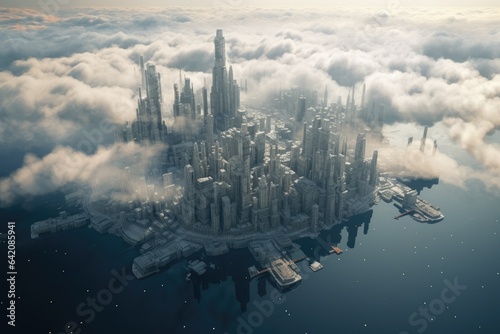 Landscape with big futuristic city  clouds and sky  fiction concept. Generative AI