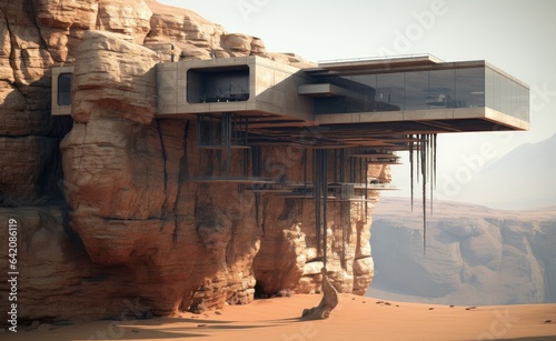 Modern futuristic house landscape on hill, canyons and desert. Generative AI