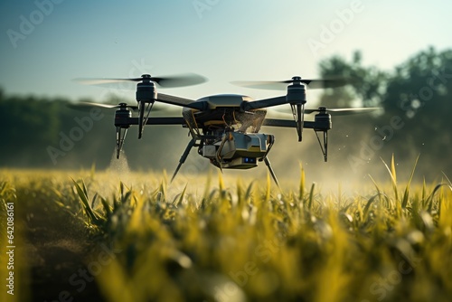 Drone flying over plantation field, technology and agriculture concept. Generative AI