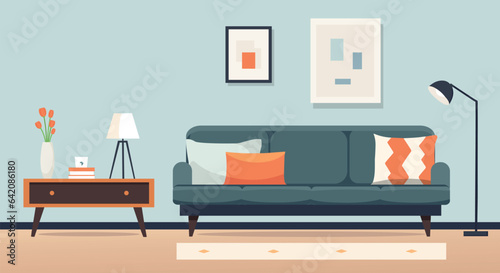Living room interior in flat style. Moder interior of the living with furniture: sofa, books, flowers, floor lamp, pictures. Vector stock