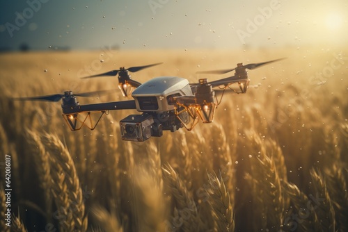 Drone flying over plantation field, technology and agriculture concept. Generative AI
