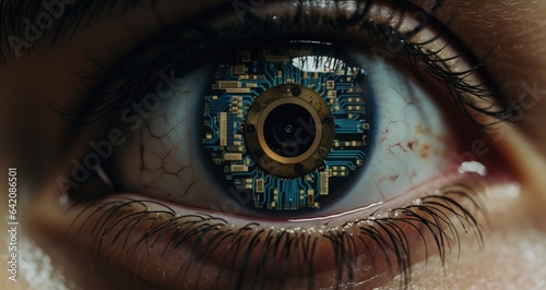 Human eye with circuit board, concept of robotics and artificial intelligence. Generative AI