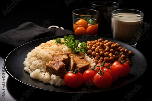 Plate of typical Brazilian food with rice, beans and meat. Generative AI photo