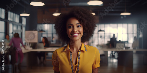 Professional Black African American Woman With Afro at the Office. Concept of Workplace diversity, professional attire, office setting, Afro hairstyle, career woman, corporate environment.