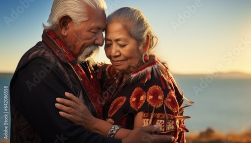 Elderly couple embracing and in love. Generative AI photo