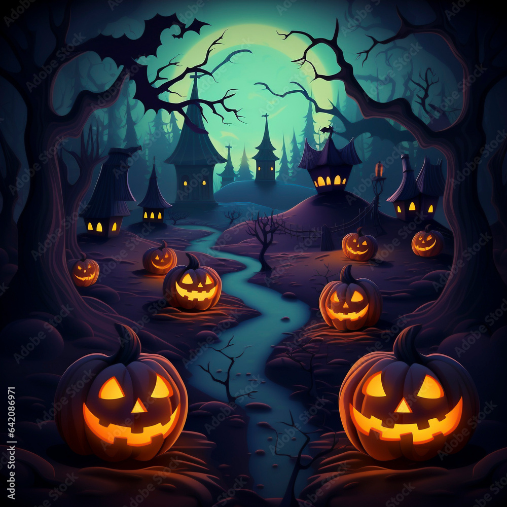 Fototapeta premium Pumpkins In Graveyard In The Spooky Night - Halloween Backdrop
