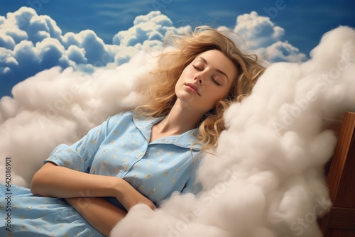 Beautiful woman sleeping on cloud, concept of dreams and rest. Generative AI