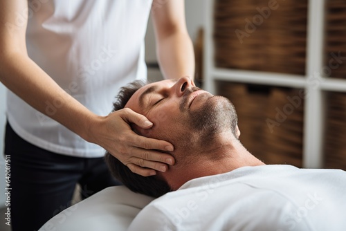 Physiotherapist, chiropractor doing a cranial sacral therapy to a man patient. Activating trigeminal nerve. Osteopathy