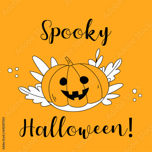 Vector Halloween poster with a jack o lantern and Spooky Halloween inscription. Orange, black and white Halloween poster.