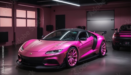 Pink sports car in a house car garage © Jeffrey