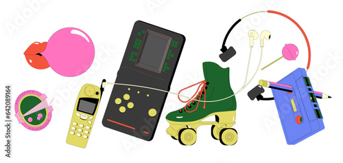 Set of colorful elements of 80's 90's, retro reel, Tetris, cassette. Vector illustration