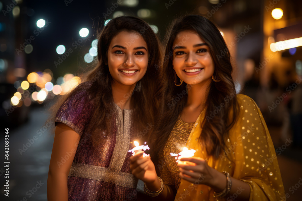 Two young Indian women with Bengal fireworks, celebrating Indian Festival Diwali Two young Indian women with Bengal fireworks, celebrating Indian Festival Diwali